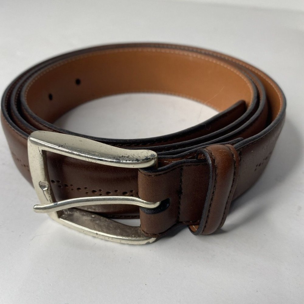 Allen Edmonds Mens Brown Leather Belt 42 Silver Buckle 1 1/4" Made in USA 76308